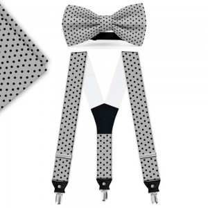 Set papion, batista, bretele, gri,  buline negre mici